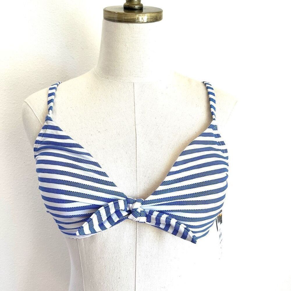 Time & Tru Bikini Top Size Medium in Blue and White Ticking Stripe Bow Detail NW